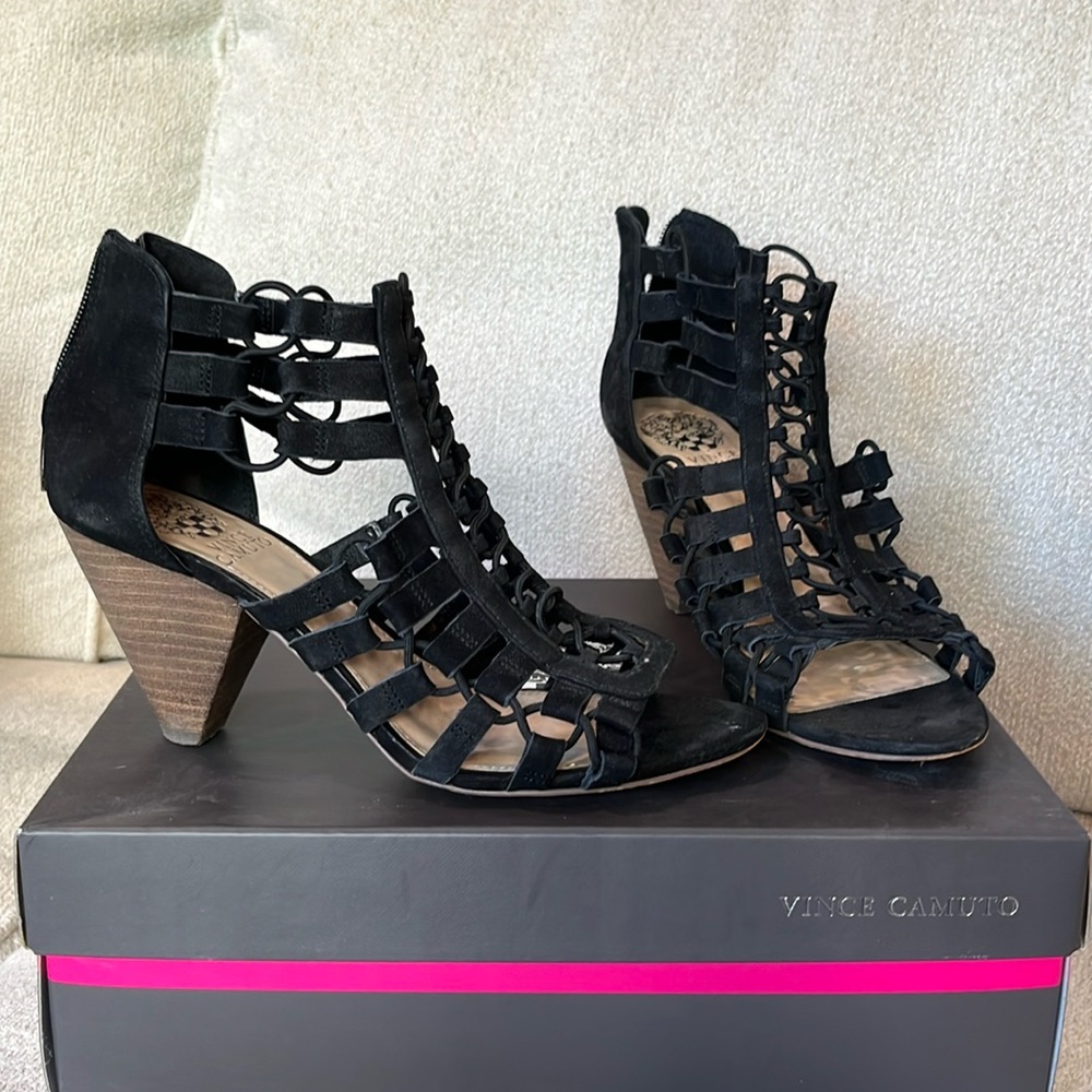 Vince Camuto black soft tumbled nubuck heeled sandals